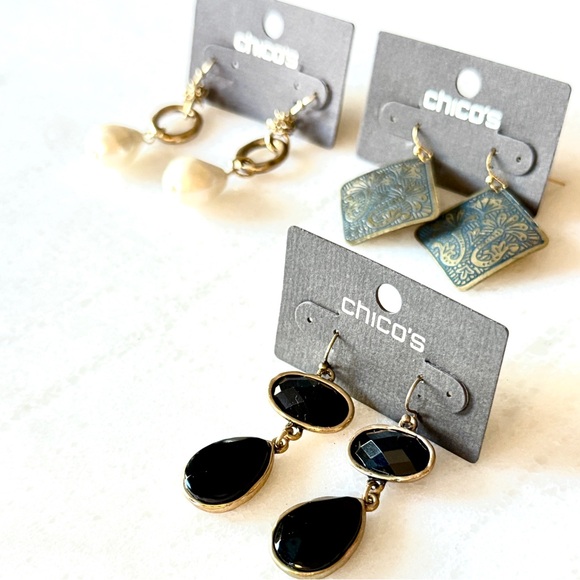 Chico's Gold Earrings Trio NWT Pearls Artisan Black Drops - Picture 7 of 8